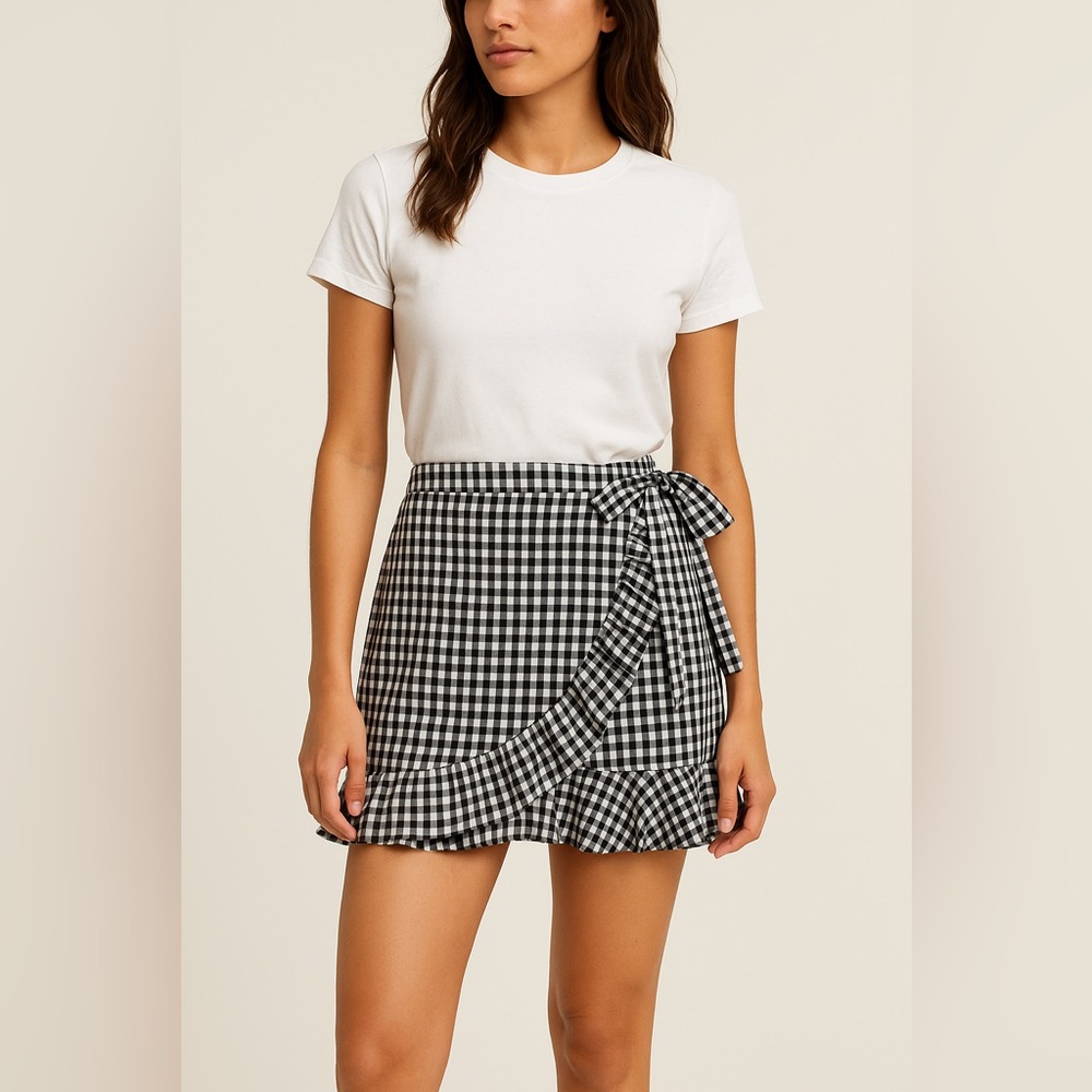 Black & White Gingham Ruffle Wrap Mini Skirt Size Small